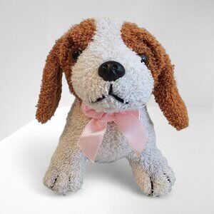 Walmart Terry Cloth Beagle Dog Plush Stuffed Animal Brown Beige Pink Bow 6"